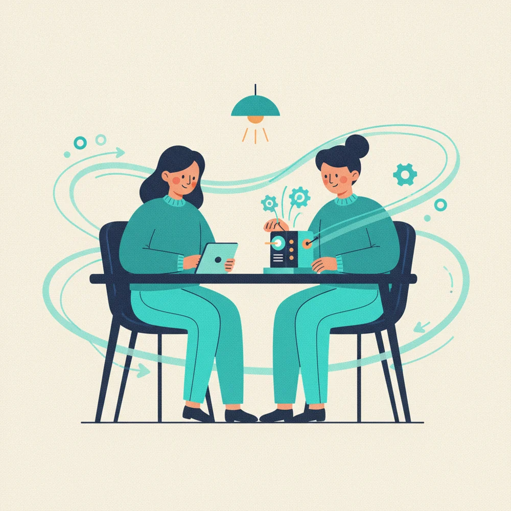 Two people working at a small business desk with automation quietly helping in the background