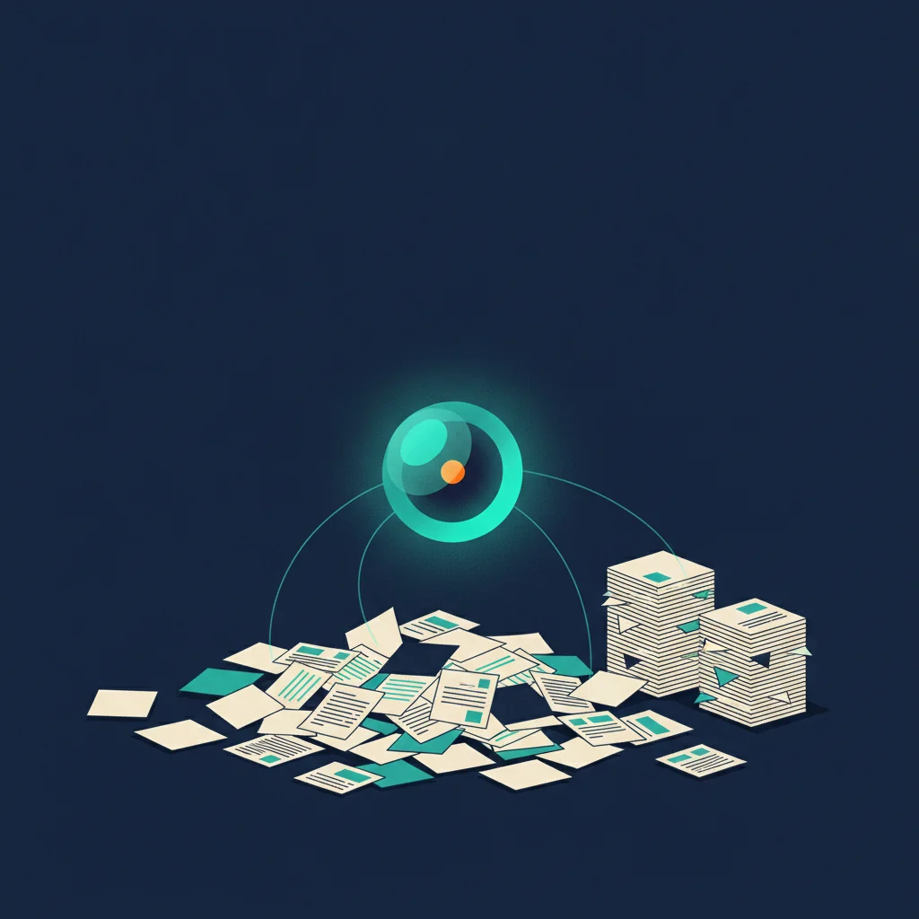 An AI agent sorting a messy pile of varied documents into neat order