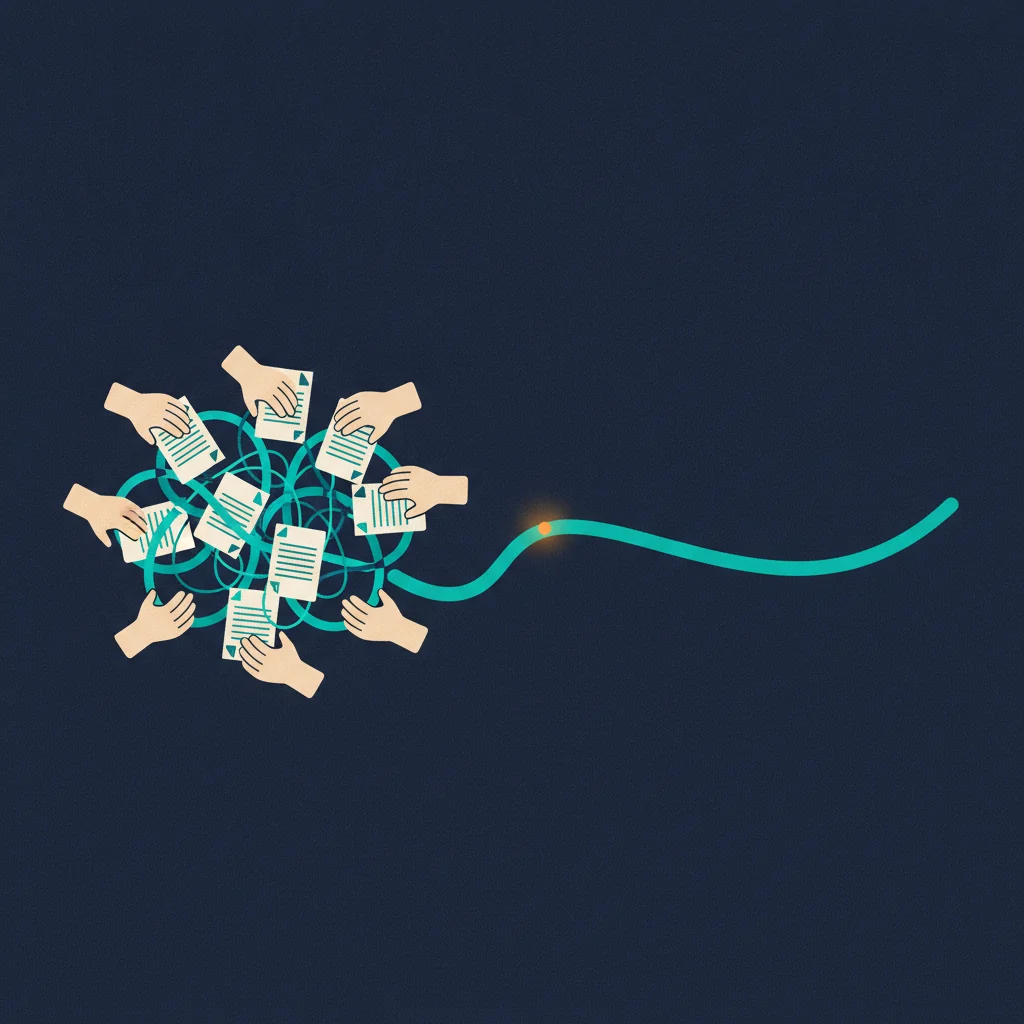 A tangle of documents passing between many hands resolving into one smooth automated flow