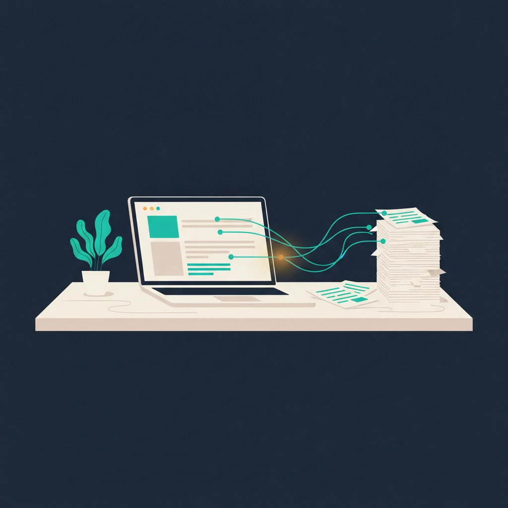 A Bristol small-business desk piled with paperwork, with automation beginning to tidy it